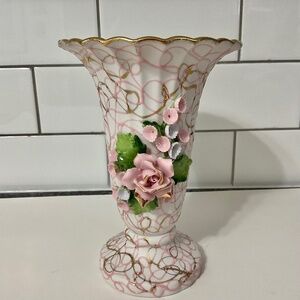 VTG Lefton MCM Hand-Painted Pink Rose and Floral Bouquet Vase
